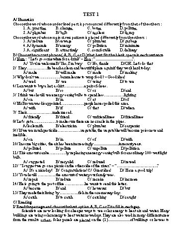 Đề ôn tập môn Tiếng Anh Lớp 9 - Test 1