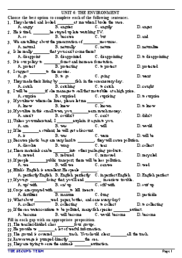 Đề ôn tập môn Tiếng Anh Lớp 9 - Unit 6: The enviroment