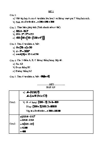 Đề ôn tập môn Toán Lớp 6 (Có đáp án)