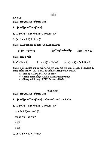 Đề ôn tập môn Toán Lớp 8 (Có đáp án)