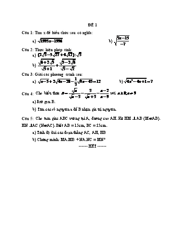 Đề ôn tập môn Toán Lớp 9 (Có đáp án)
