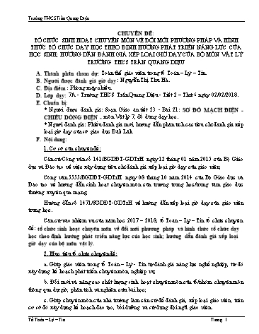 Đề tài Tổ chức sinh hoạt chuyên môn về đổi mới phương pháp và hình thức tổ chức dạy học theo định hướng phát triển năng lực của học sinh; hướng dẫn đánh giá xếp loại giờ dạy của bộ môn vật lý trường THCS Trần Quang Diệu