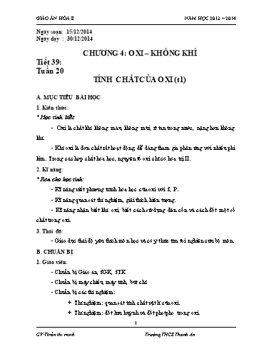 Giáo án Hóa học Lớp 8 - Tiết 39: Tính chất của oxi - Trần Thị Minh - Năm học 2013-2014