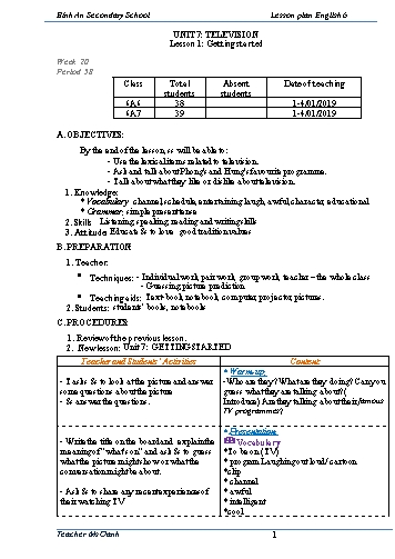 Giáo án Tiếng Anh Lớp 6 - Unbit 7: Television - Trường THCS Bình An