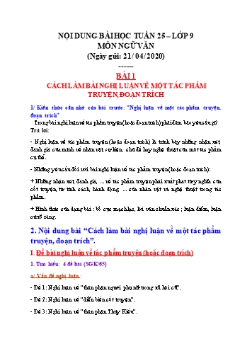 Nội dung bài học Ngữ văn Lớp 9 - Tuần 25 - Năm học 2019-2020