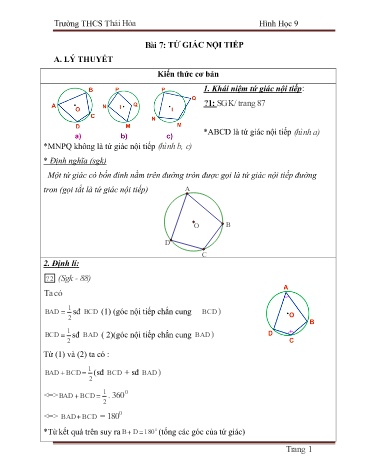 Ôn tập môn Hình học Lớp 9 - Bài 7: Tứ giác nội tiếp - Trường THCS Thái Hòa