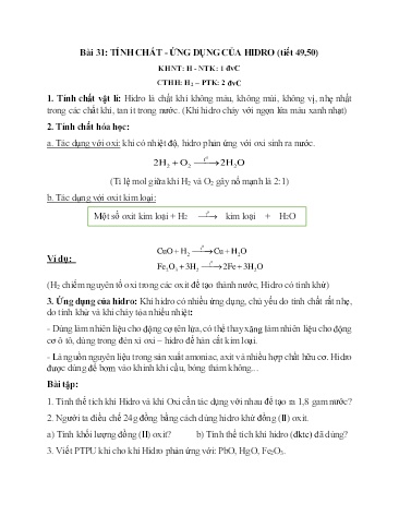 Ôn tập môn Hóa học Lớp 8 - Bài 31: Tính chất, ứng dụng của hidro