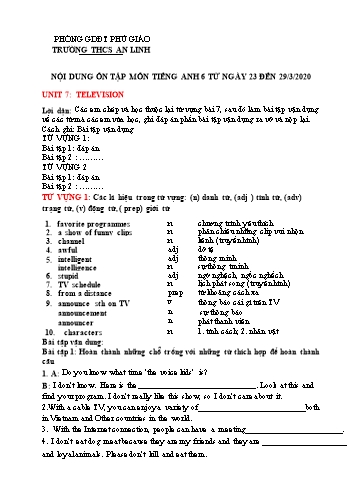 Ôn tập môn Tiếng Anh Lớp 6 - Unit 7: Televison - Trường THCS An Linh