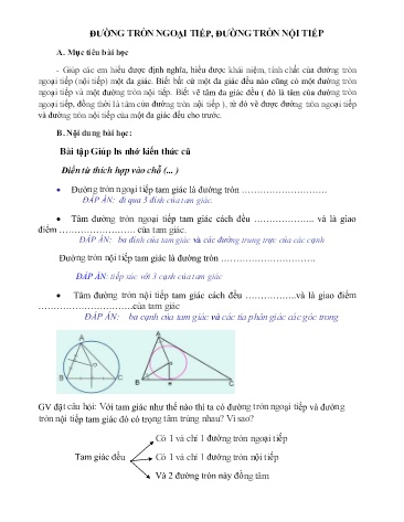 Ôn tập môn Toán Lớp 9 - Bài: Đường tròn ngoại tiếp, đường tròn nội tiếp