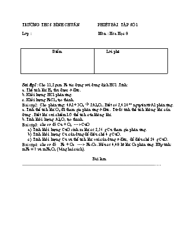 Phiếu bài tập môn Hóa học Lớp 8 - Trường THCS Bình Chuẩn