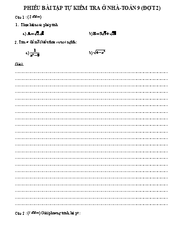 Phiếu bài tập tự kiểm tra tại nhà môn Toán Lớp 9