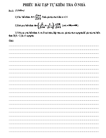 Phiếu bài tập tự ôn tại nhà môn Toán Lớp 9