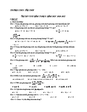 Tài liệu ôn tập cuối năm môn Toán 8 - Năm học 2020-2021 - Trường THCS Tân Thới