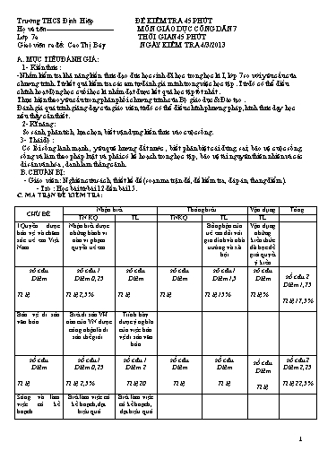 Đề kiểm tra 45 phút môn Giáo dục công dân Lớp 7 - Trường THCS Định Hiệp - Năm học 2012-2013 (Có đáp án)