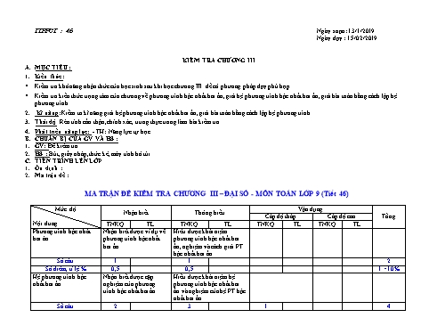 Đề kiểm tra chương III môn Đại số Lớp 9 - Trường THCS Nguyễn Huệ - Năm học 2018-2019 (Có đáp án)