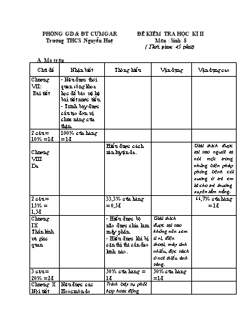 Đề kiểm tra học kì II môn Sinh học Lớp 8 - Trường THCS Nguyễn Huệ - Năm học 2017-2018 (Có đáp án)