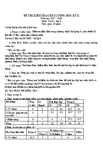 Đề kiểm tra học kì II môn Vật lí Lớp 8 - Trường THCS Nguyễn Huệ - Năm học 2017-2018 (Có đáp án)