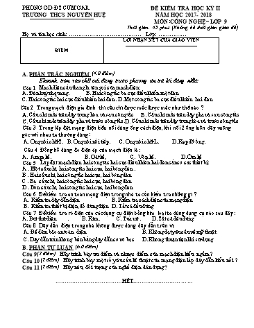 Đề thi học kì II môn Công nghệ Lớp 9 - Trường THCS Nguyễn Huệ - Năm học 2017-2018 (Có đáp án)