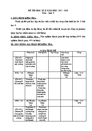 Đề thi học kì II môn Sinh học Lớp 9 - Trường THCS Nguyễn Huệ - Năm học 2017-2018 (Có đáp án)