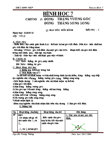 Giáo án Hình học Lớp 7 - Tuần 1-23 - Nguyễn Trung Thắng - Năm học 2013-2014